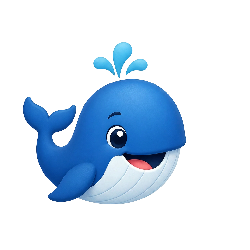 Plawan the blue whale, mascot of the Plawan Says language app